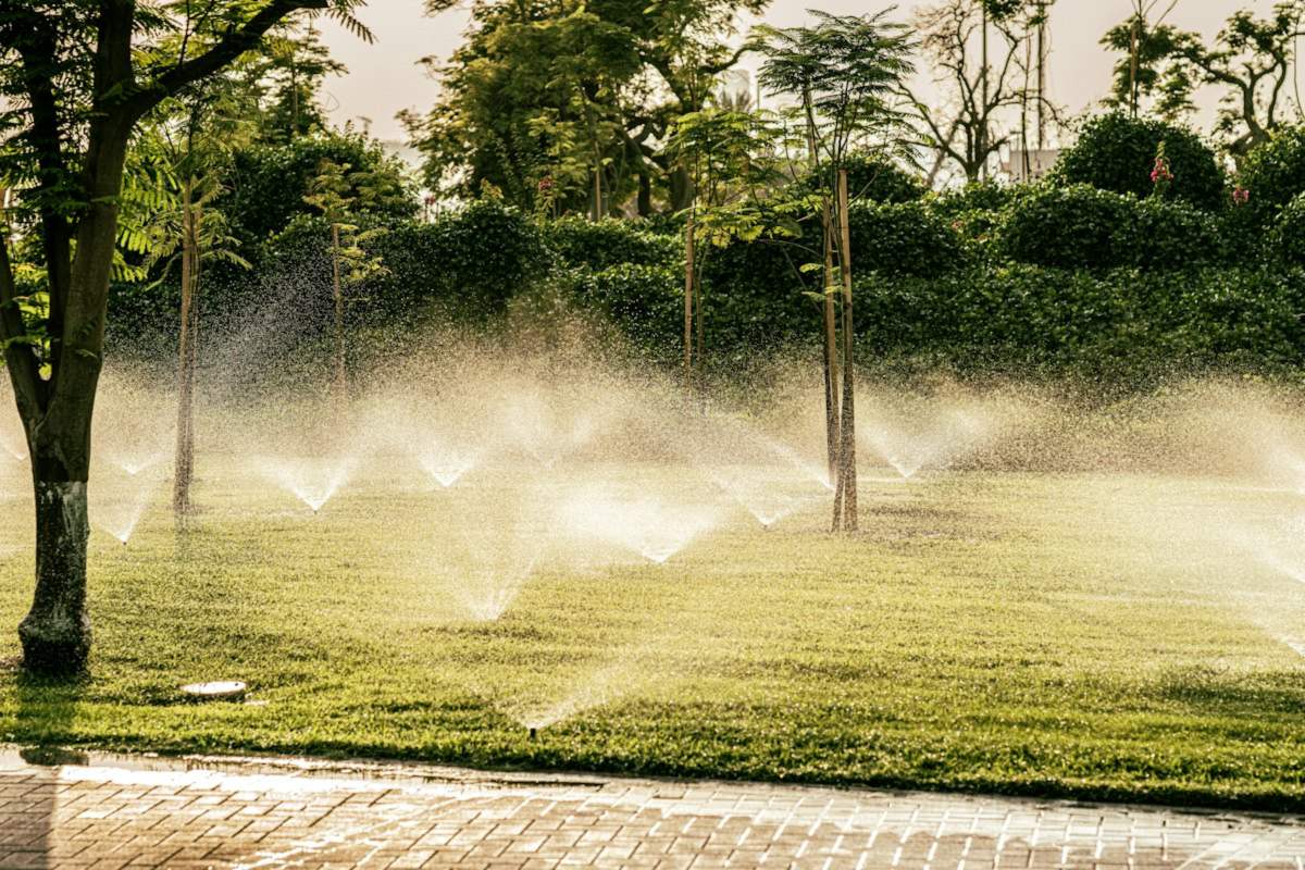 Sprinklers watering a green lawn